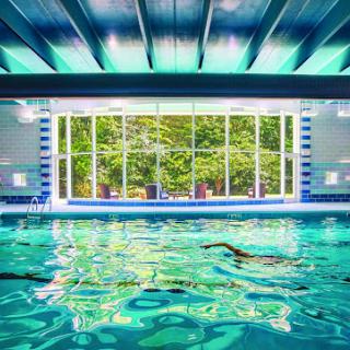 A serene indoor swimming pool with a beautiful view of nature through large windows.