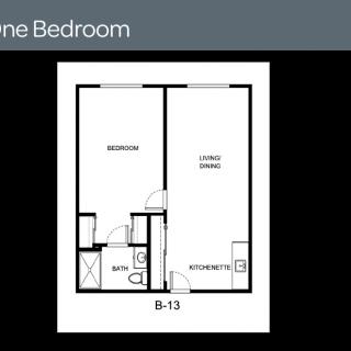 Floor plan of a one-bedroom apartment layout.