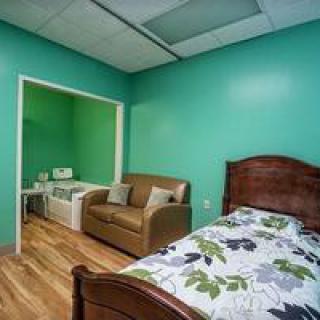 A bedroom with green walls featuring a bed, sofa, and wooden flooring.