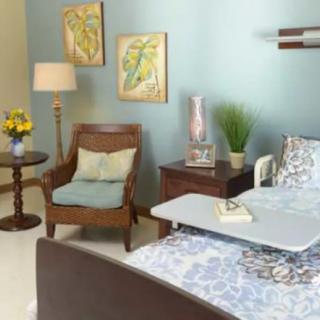 A cozy, well-decorated room with a hospital bed, wooden furniture, and soothing colors.