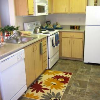A modern kitchen with light wood cabinets, a white refrigerator, stove, and dishwasher. A colorful rug decorates the floor.