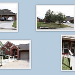 A collage of suburban houses with driveways and garages.