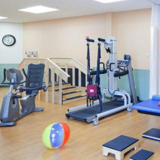 A well-equipped gym with various exercise machines and rehabilitation equipment.