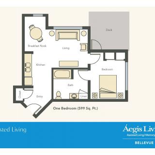A floor plan of a one-bedroom apartment with detailed room layout.