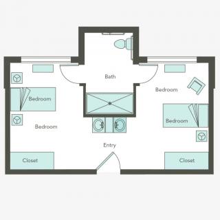 A floor plan layout showing bedrooms, closets, and a bathroom.