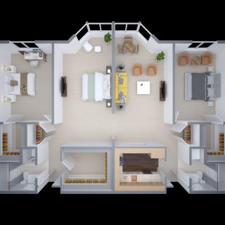 A 3D rendered floor plan of an apartment showcasing the layout and design of various rooms.