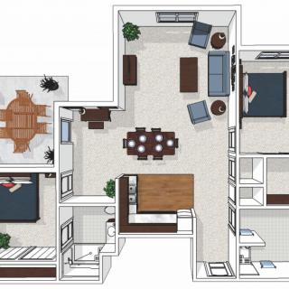 A detailed floor plan of an apartment showing the layout of rooms, furniture arrangement, and interior design.