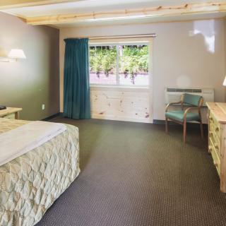 A spacious hotel room with a large bed, desk, and window overlooking greenery.
