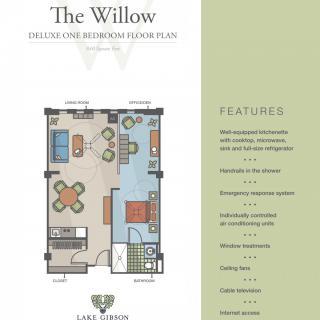 The Willow floor plan showcasing a deluxe one-bedroom apartment with various features.