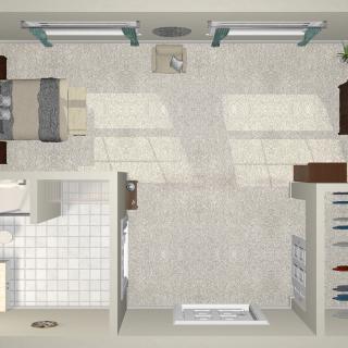 A top-view floor plan illustrating a room layout with furniture and fixtures.