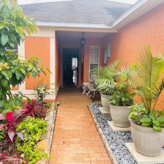 A welcoming entrance with a brick pathway lined with lush potted plants.