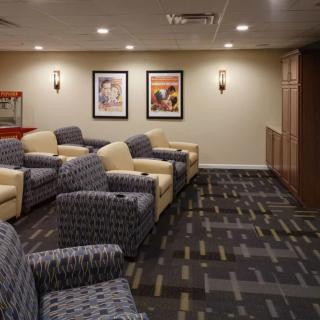 A cozy home theater with comfortable seating and stylish movie posters on the walls.