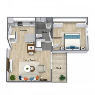 An overhead view of a 1-bedroom apartment floor plan, including a living room, kitchen, bedroom, bathroom, and den.