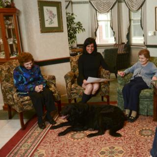 A group of people sitting in a living room, engaged in conversation with a dog lying on the floor.