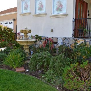 A landscaped front yard featuring a decorative fountain surrounded by various plants in front of a house.