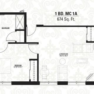 Floor plan of a 674 sq. ft. one-bedroom apartment.