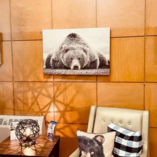 A cozy living room corner featuring a bear-themed decor with a framed bear photograph, a comfy chair adorned with pillows, and warm wood paneling.