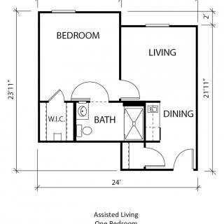 A floor plan for a one-bedroom assisted living apartment featuring a living room, dining area, bathroom, and bedroom.