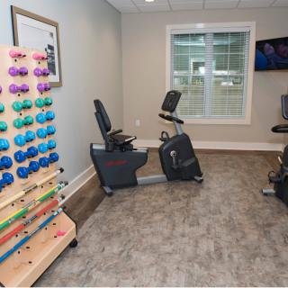 A home gym featuring two stationary bikes and a rack of colorful dumbbells.