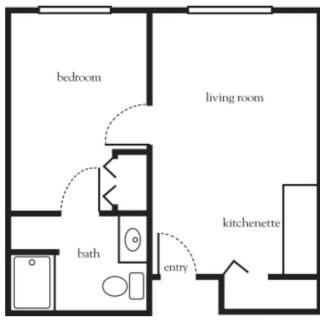 A simple floor plan of a one-bedroom apartment with a living room, kitchen, and bathroom.