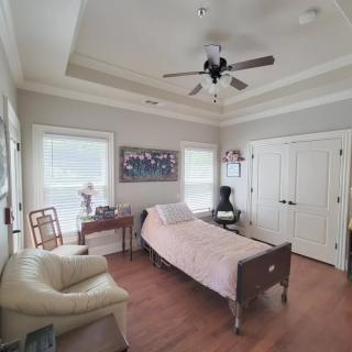 A bedroom featuring a hospital bed and classic decor.