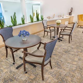 A cozy lounge area with round tables, cushioned chairs, and decorative plants.