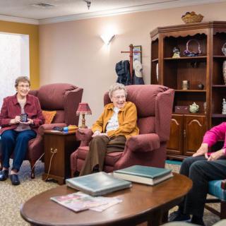 A group of seniors sitting and conversing in a cozy living room.