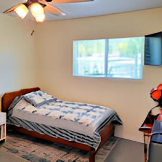 A cozy bedroom with a bed, ceiling fan, window, and a wall-mounted television.