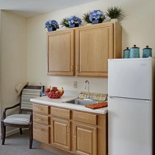 A compact kitchen space with wooden cabinets, a white refrigerator, and a countertop featuring a sink and decor.