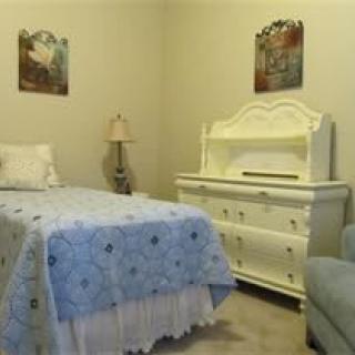 A bedroom with a single bed, dresser, and decorative lamp.