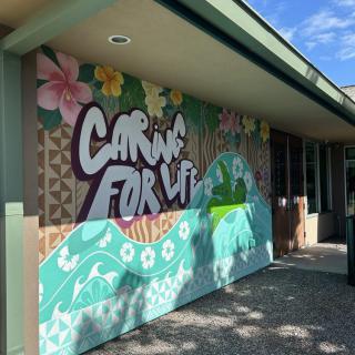 A colorful mural on a building wall with the phrase 'Caring For Life' surrounded by flowers and patterns.
