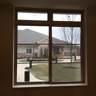 View of a house and yard through a window.