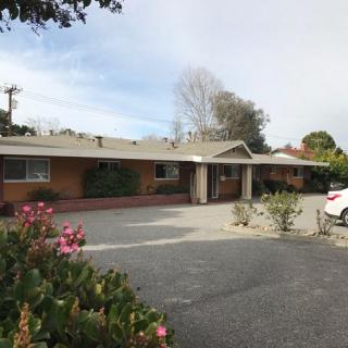 A single-story house with a driveway and surrounding trees and plants.