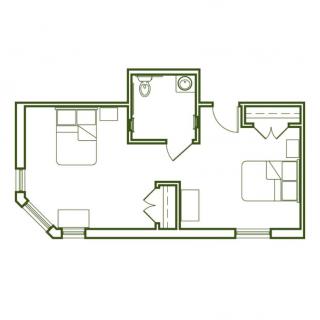 Floor plan of a two-bedroom apartment with bathroom and living area.