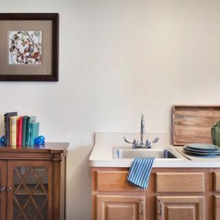 A cozy kitchen corner with a sink, a cabinet filled with colorful books, and neatly arranged dishes.