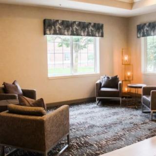 A cozy living room with modern chairs, a decorative carpet, and large windows.