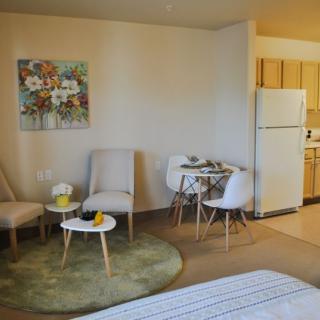 A cozy apartment with a small living area and kitchen in the background.
