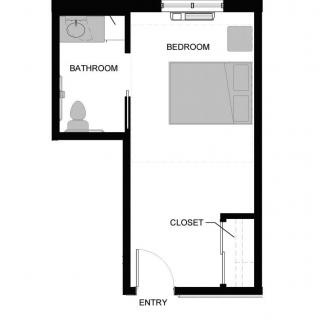 A simple floor plan of an apartment featuring a bedroom, bathroom, closet, and entry area.