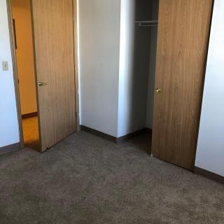 An empty bedroom with carpeted flooring, featuring two wooden doors and a closet.