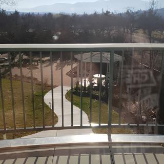 View from a balcony overlooking a winding pathway and trees.