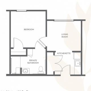 A simple floor plan of a one-bedroom apartment including a private bathroom, kitchen, and living room.