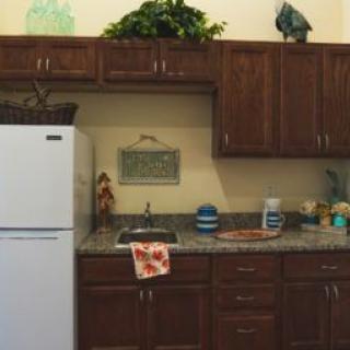 A kitchen with wooden cabinets, a white refrigerator, and decorative items on the countertop.