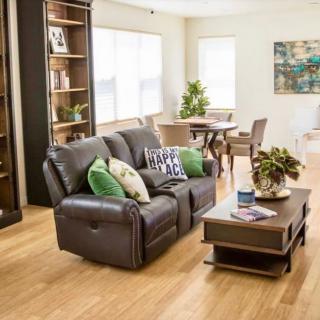 A cozy living room with a leather sofa, decorative cushions, a coffee table, and an adjacent dining area.