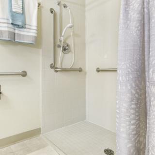 A bathroom with an accessible shower, equipped with grab bars and a curtain.