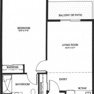 A floor plan of a one-bedroom apartment with a balcony, living room, bathroom, and kitchen area.