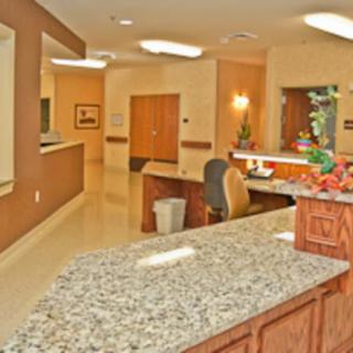A bright and welcoming office reception area with a granite countertop.