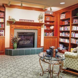 A cozy reading room with a fireplace, surrounded by bookshelves filled with books, an armchair, and a glass coffee table.