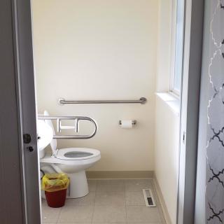 A small bathroom with a toilet and safety rail.