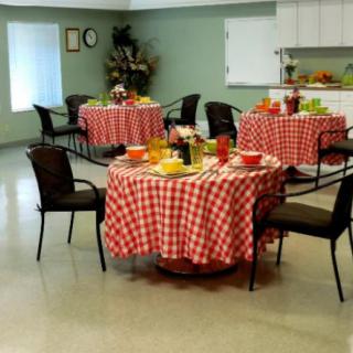 A cozy dining room with tables covered in red and white checkered tablecloths, set for a meal.