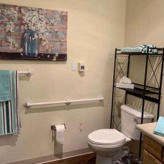 A neatly organized bathroom with a shelf, artwork, and towel rack.